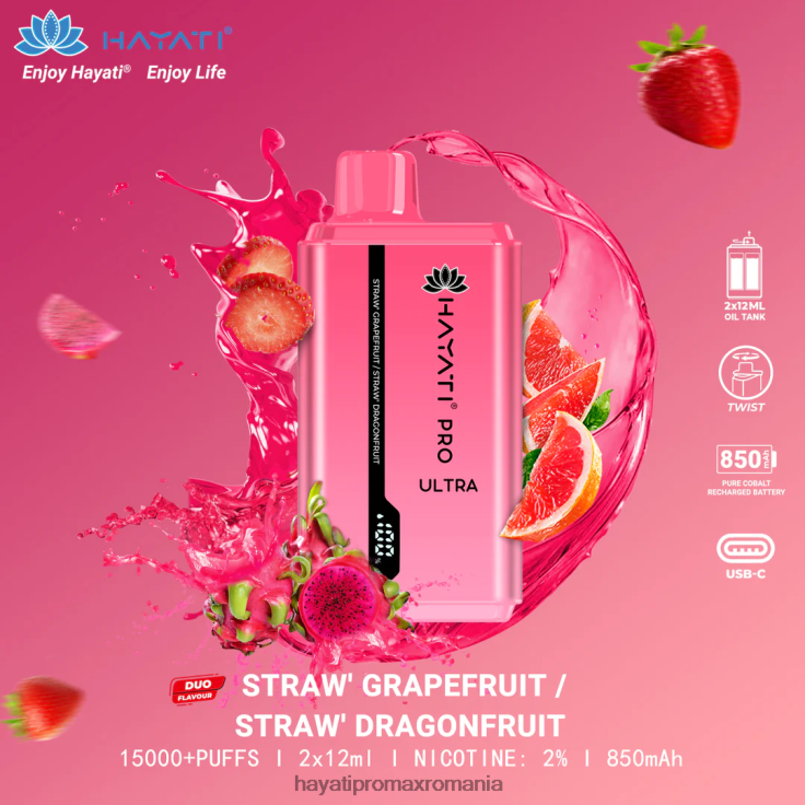 Hayati Pro Ultra 15000 pufuri de unică folosință capsuni grapefruit/strawberry dragonfruit RNR0R226 - Hayati Vape Price