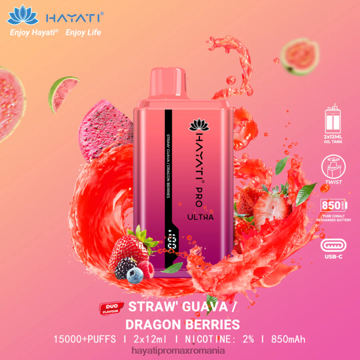 Hayati Pro Ultra 15000 pufuri de unică folosință guava cu căpșuni/boabe de dragon RNR0R224 - Hayati Vapes Wholesale