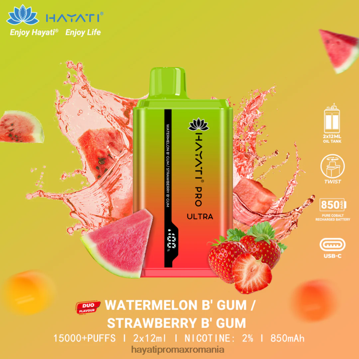 Hayati Pro Ultra 15000 pufuri de unică folosință gumă cu pepene verde/gumă cu căpșuni RNR0R227 - Hayati Pro Max Romania