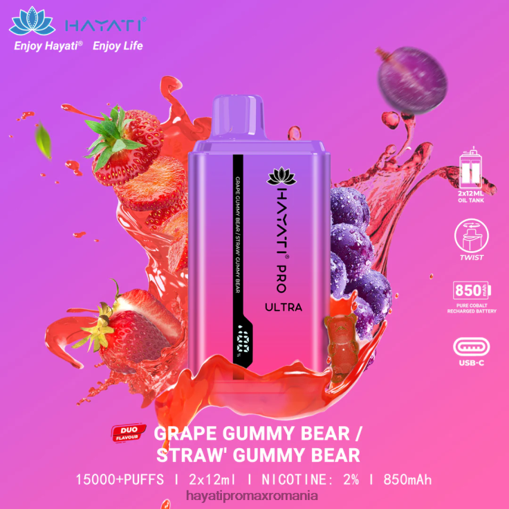 Hayati Pro Ultra 15000 pufuri de unică folosință ursuleț de gumă de struguri/ursuleț de gumă de căpșuni RNR0R221 - Hayati Flavour List