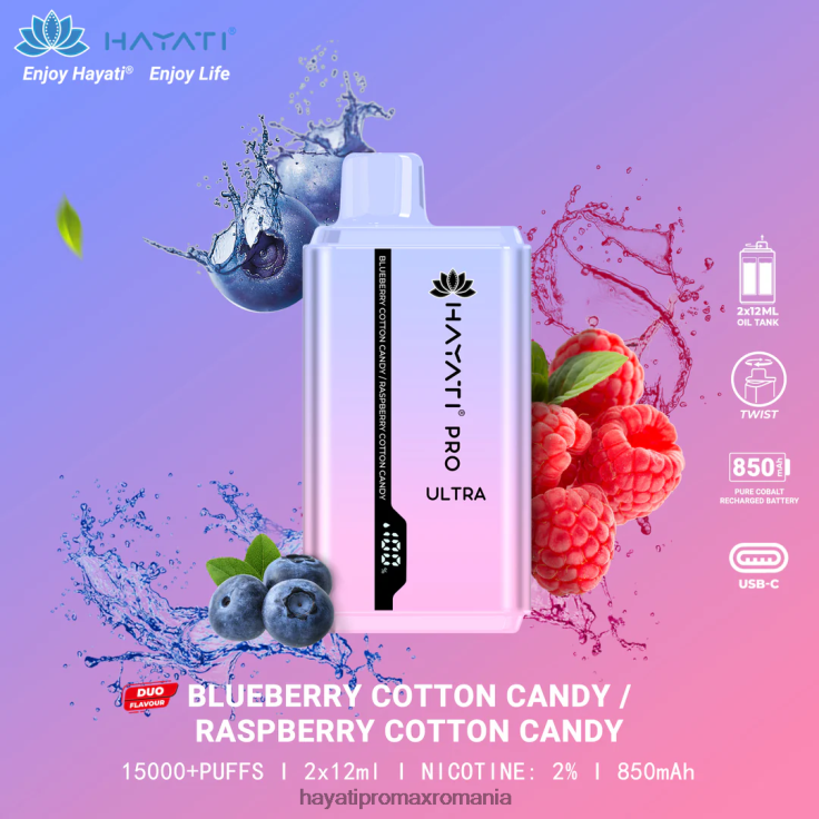 Hayati Pro Ultra 15000 pufuri de unică folosință vată de zahăr de afine/ vată de zahăr cu zmeură RNR0R220 - Hayati Vape Flavours