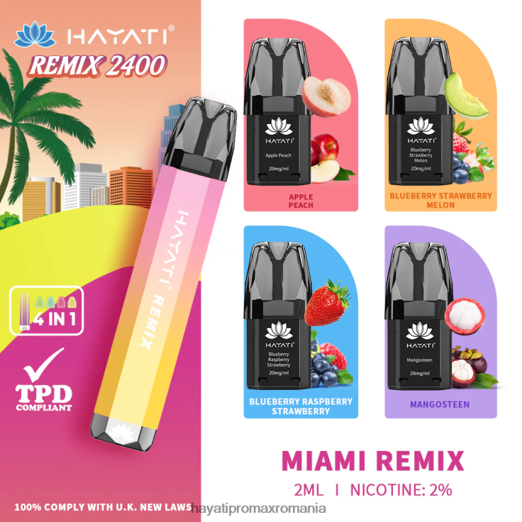 Hayati Remix sistem de păstăi preumplute 2400 puf miami remix RNR0R56 - Hayati Vape Price