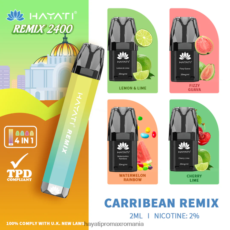 Hayati Remix sistem de păstăi preumplute 2400 puf remix caraibe RNR0R52 - Hayati Flavour Vapes